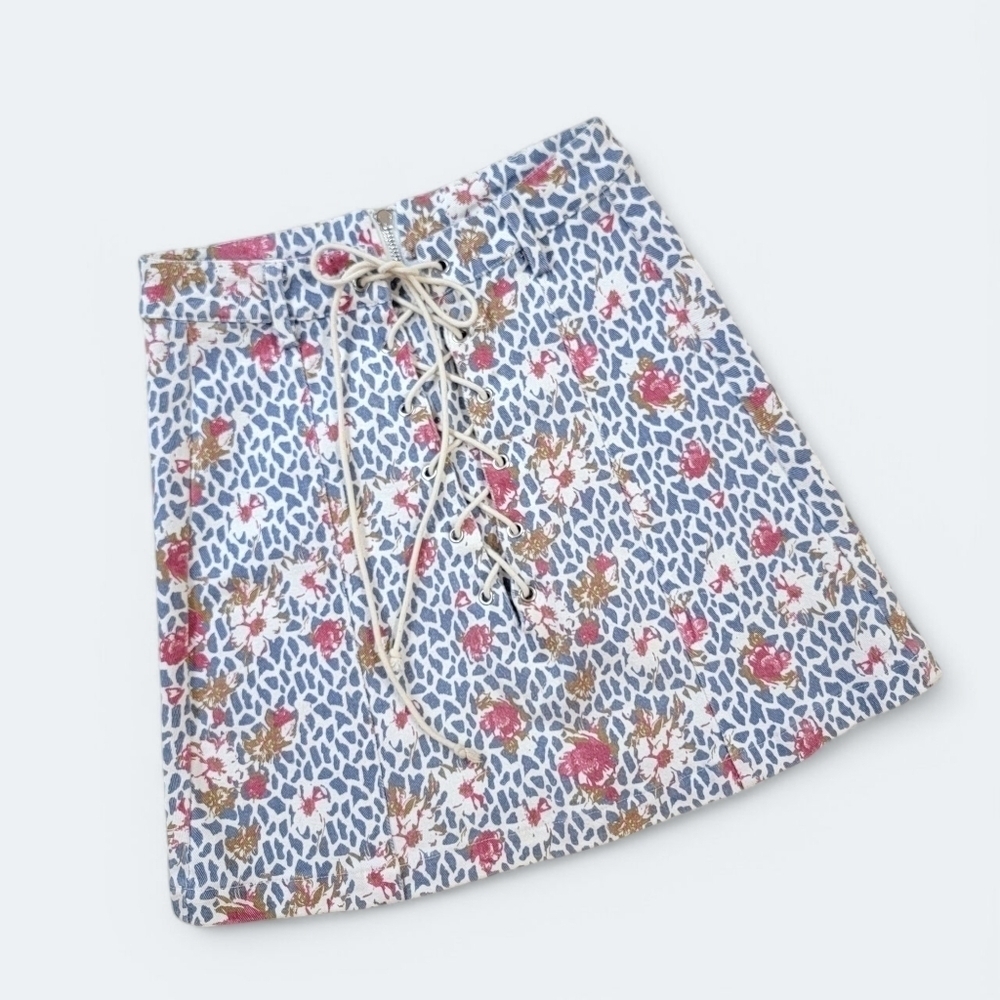 Umgee Denim Floral Animal Print Skirt with Drawstring Lace Up Size Small